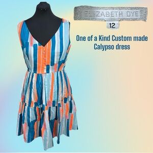 One of A Kind ELIZABETH DYE Handmade Blue White Orange Calypso Dress Sz 12